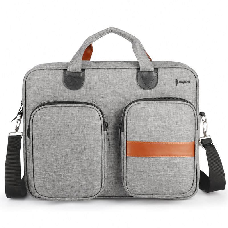 Grey Dual-Pocket Laptop Bag with Tan Leather Trim