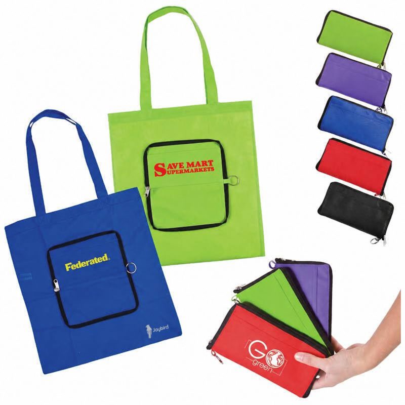 Katlanır Cepli Elyaf Alışveriş Çantası — Çok Renkli Logo Baskılı Promosyon