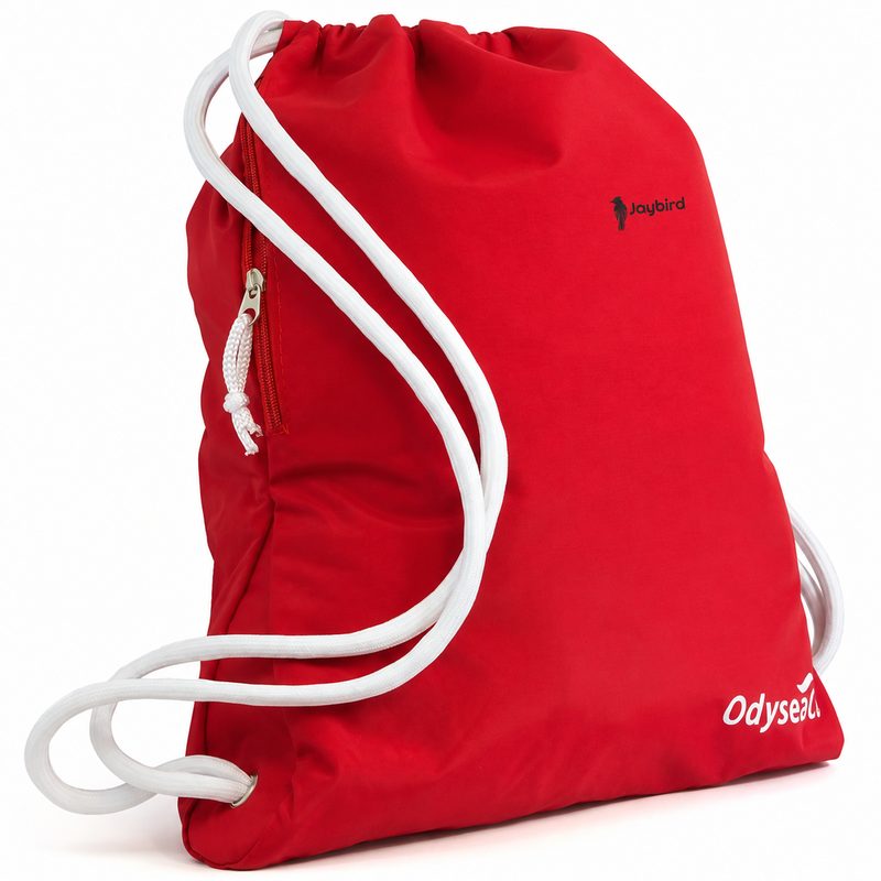 Red Drawstring Backpack with Zippered Front Pocket