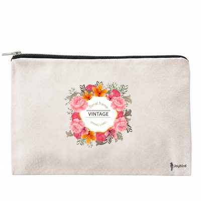 Krem Bez Makyaj & Organizer Çantası — Vintage Çiçek Baskılı Fermuarlı Clutch