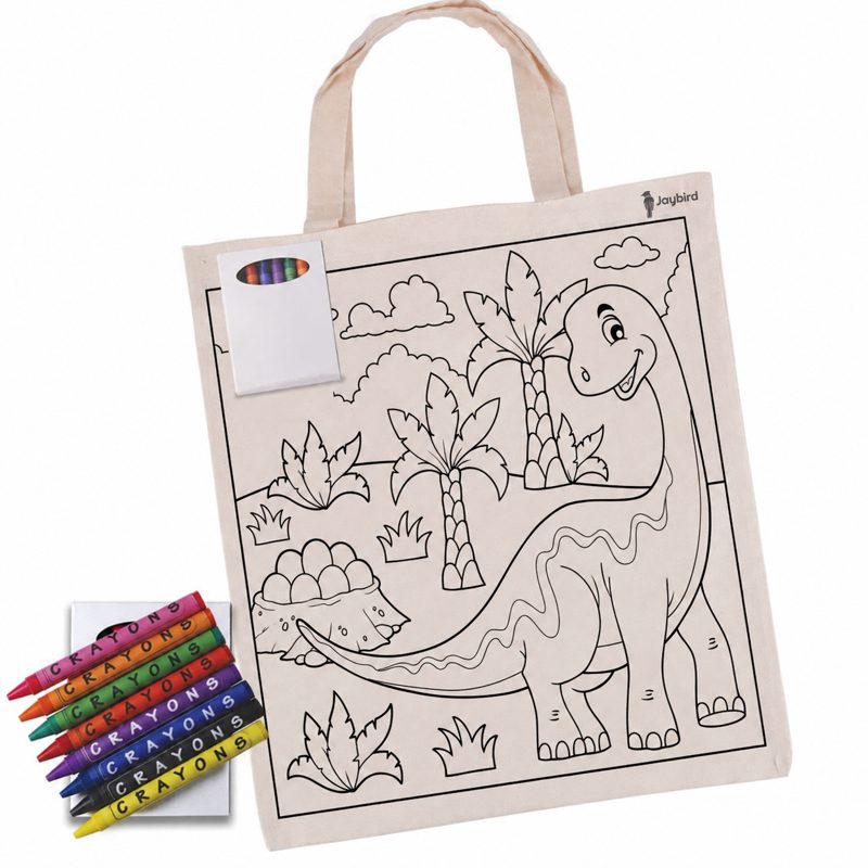 Krem Dinozor Desenli Boyama Bez Çantası — Boya Kalemli Çocuk Çantası