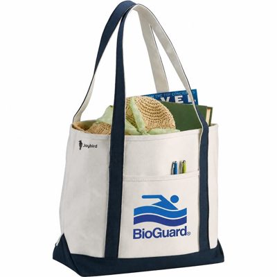 Krem & Lacivert Kanvas Boat Tote Alışveriş Çantası — Ön Cepli Logo Baskılı Promosyon