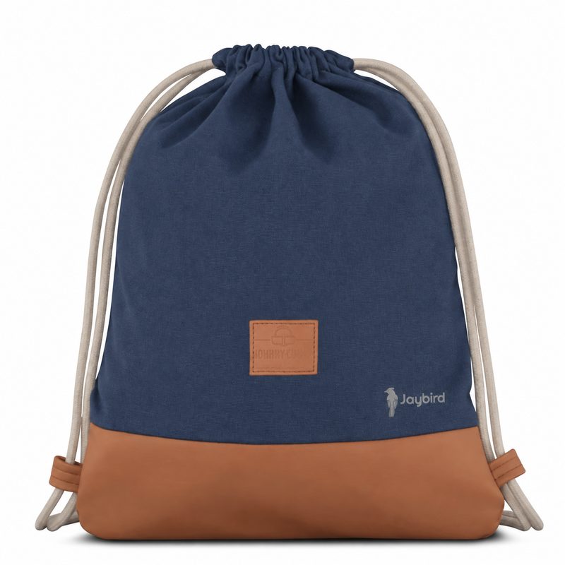 Navy Canvas Drawstring Backpack with Leather Base