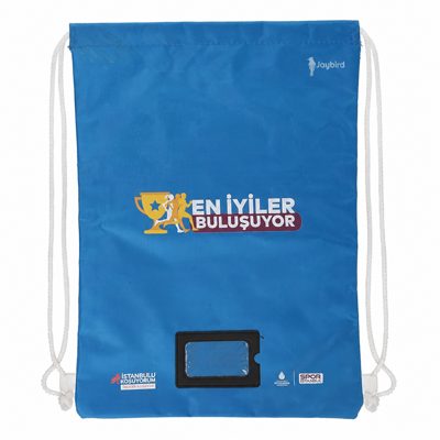 Saks Mavi Büzgülü Sırt Çantası — Kartlıklı Logo Baskılı Promosyon Gymsack