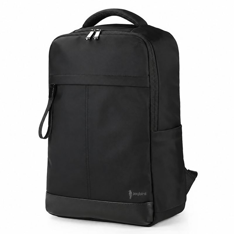 Black Slim Laptop Backpack with Leather-Look Trim